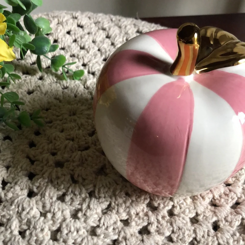 Pink and White Striped Ceramic Apple with Gold Stem